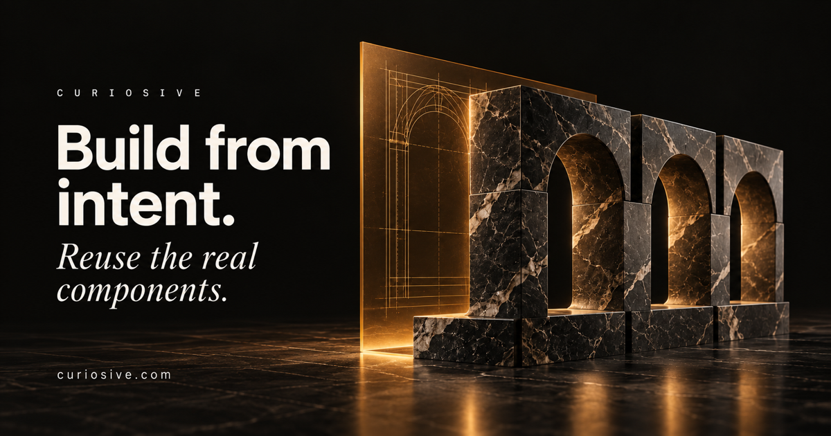 Three precisely aligned black marble arches beside an amber blueprint plane. Text: Build from intent. Reuse the real components.