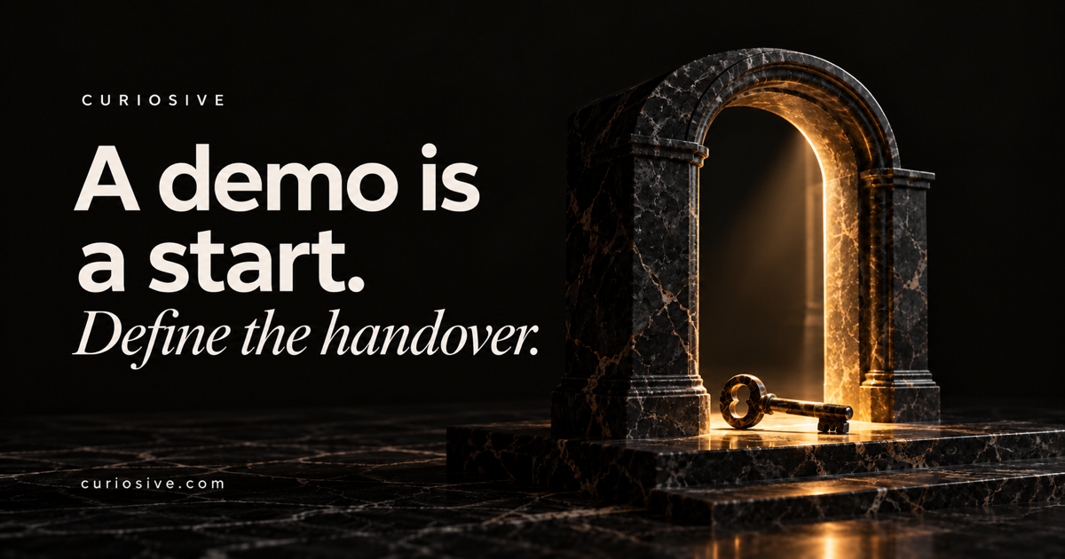 Black marble doorway and a stone key illuminated by warm amber light. Text: A demo is a start. Define the handover.