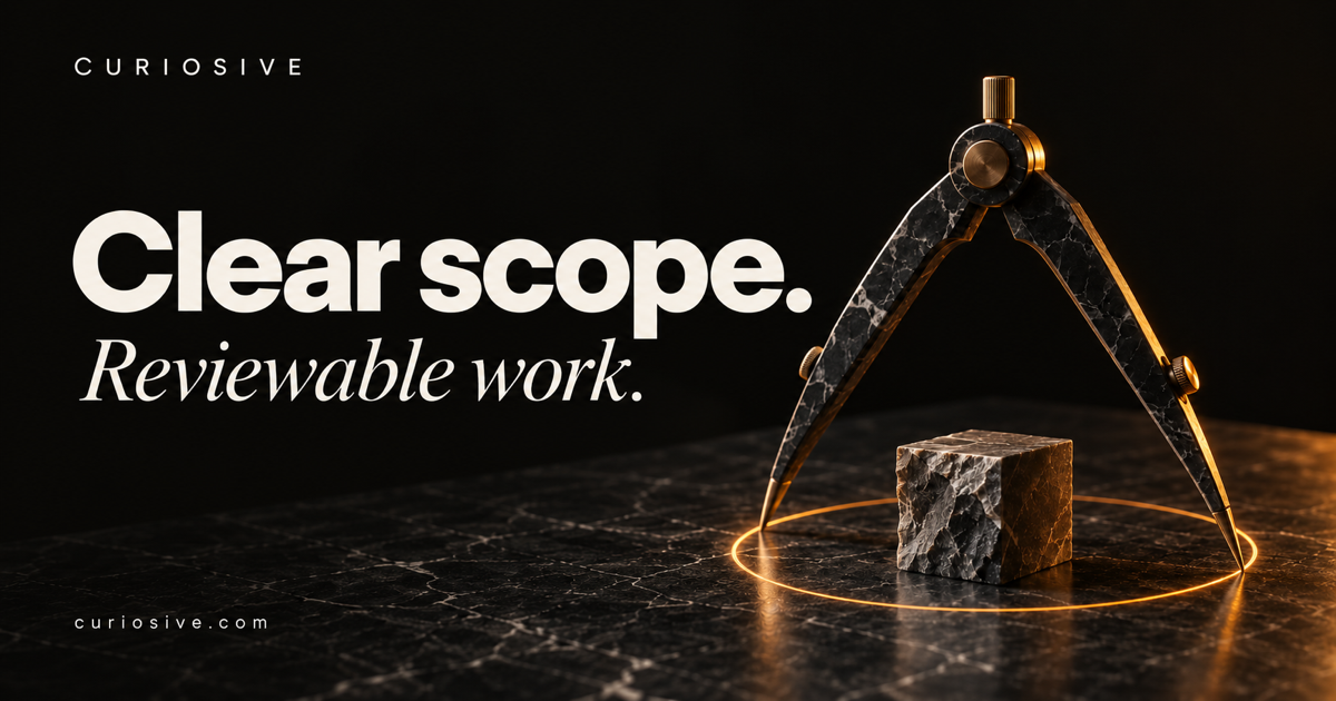 Black marble drafting compass surrounding a small cube within an amber boundary. Text: Clear scope. Reviewable work.
