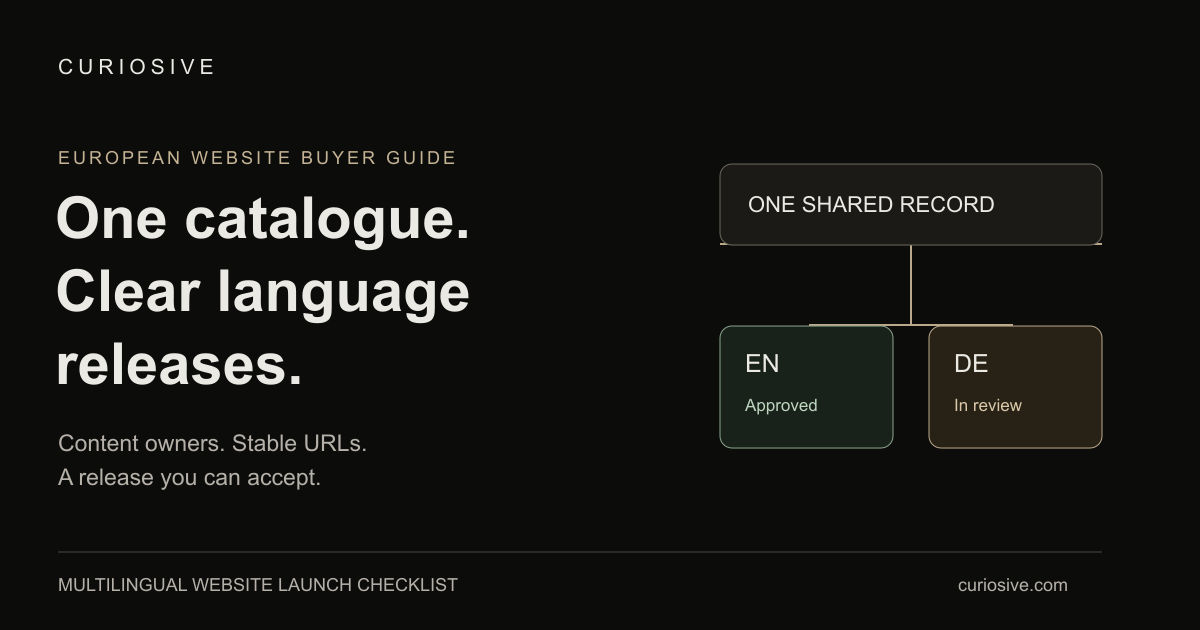 Original Curiosive diagram cover: one shared catalogue record connects to an approved English version and a German version in review. One catalogue. Clear language releases.