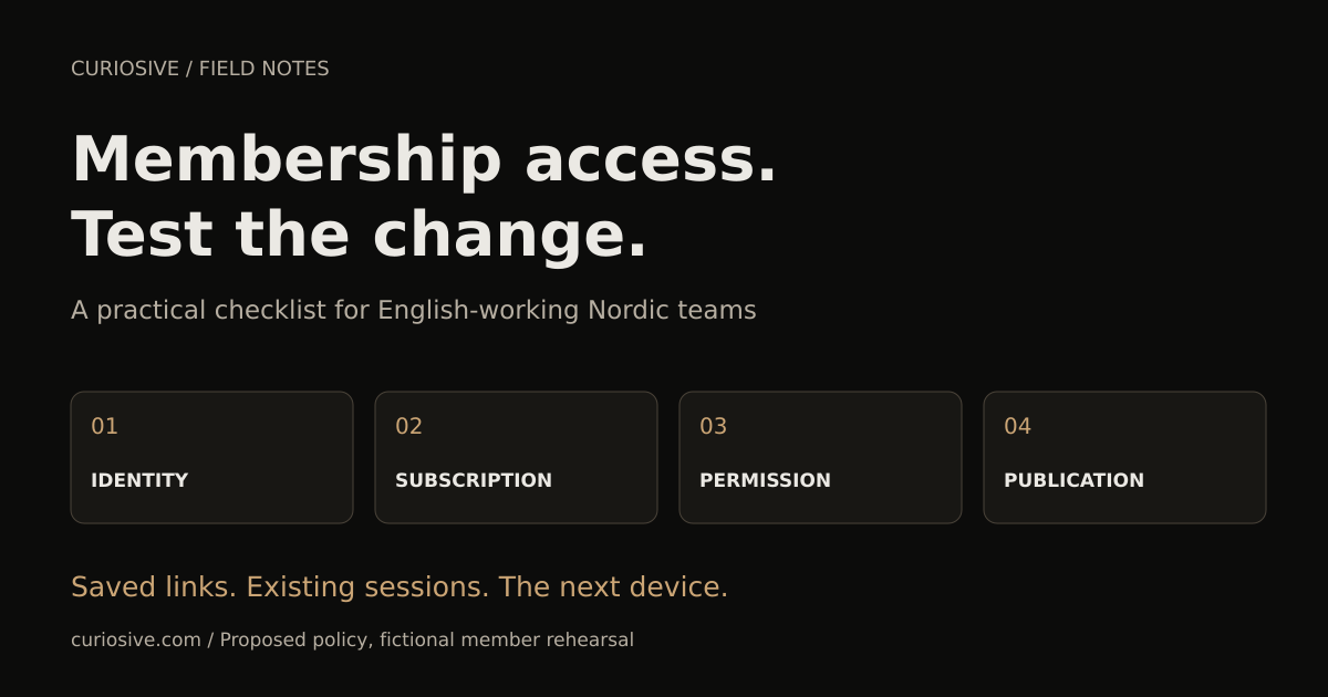 Original Curiosive cover: Membership access. Test the change. Four separate decisions are identity, subscription, permission and publication. A proposed checklist for English-working Nordic teams.
