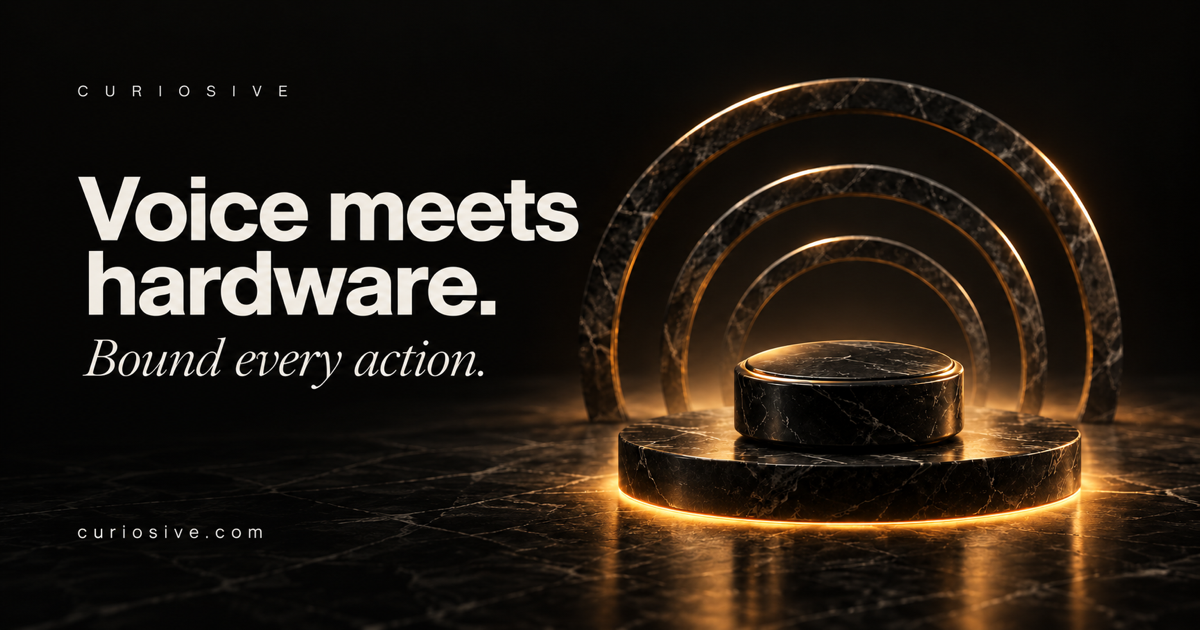 Black marble button on a plinth with sound-wave arches and an amber boundary. Text: Voice meets hardware. Bound every action.