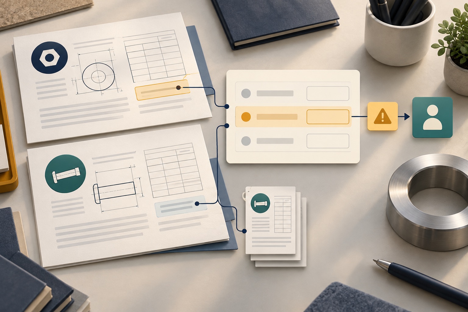 Fictional technical documents linked to blank extracted fields, an uncertain-value marker and a reviewer token