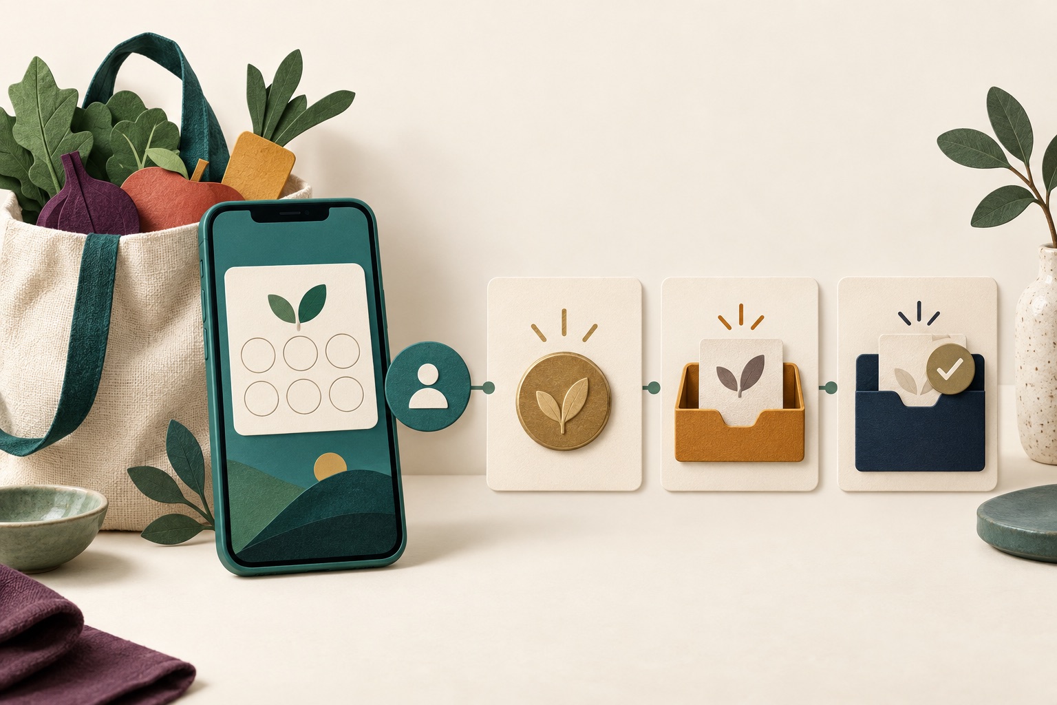 Fictional grocery loyalty card connected to separate available-reward, redemption-request and staff-confirmation panels