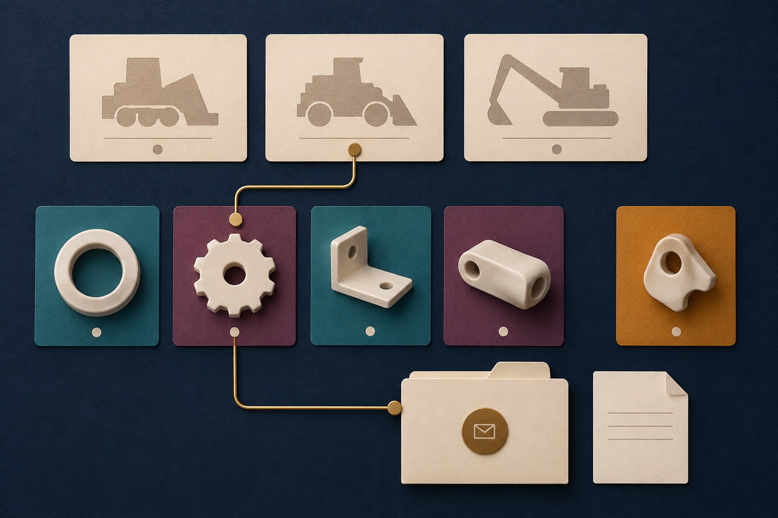 Fictional equipment-model cards connected to a selected component variant and inquiry folder with a separate unknown-compatibility card