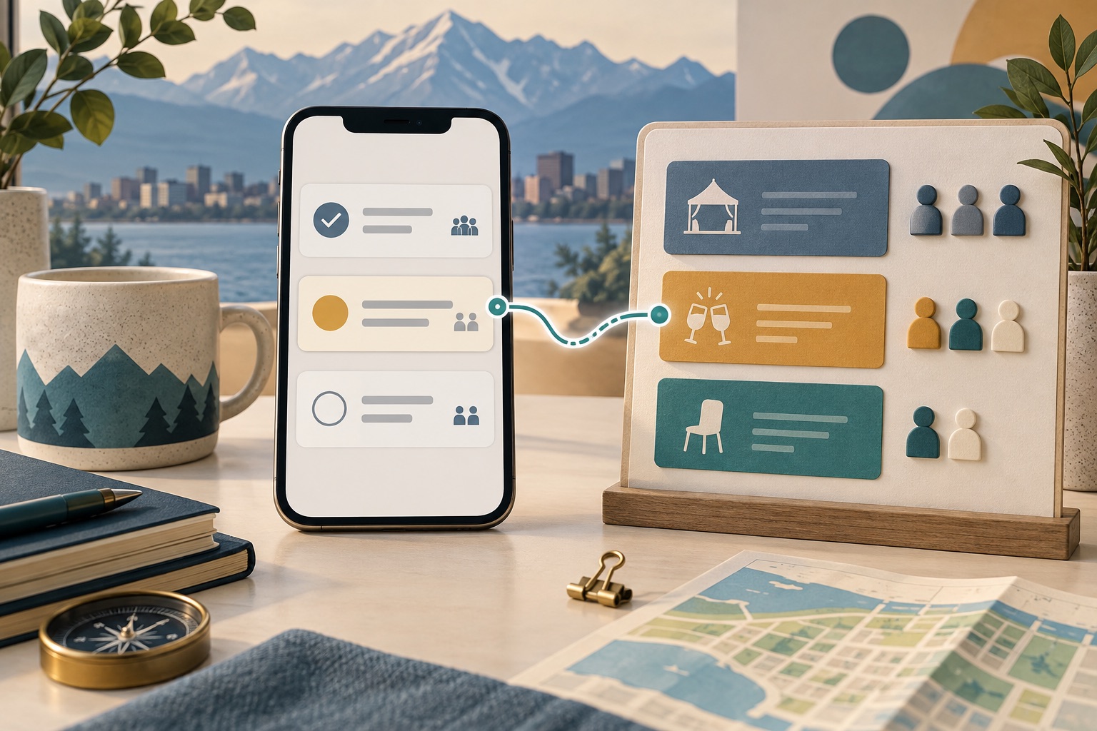 Concept of a phone event checklist connected to matching task cards on a shared organizer board