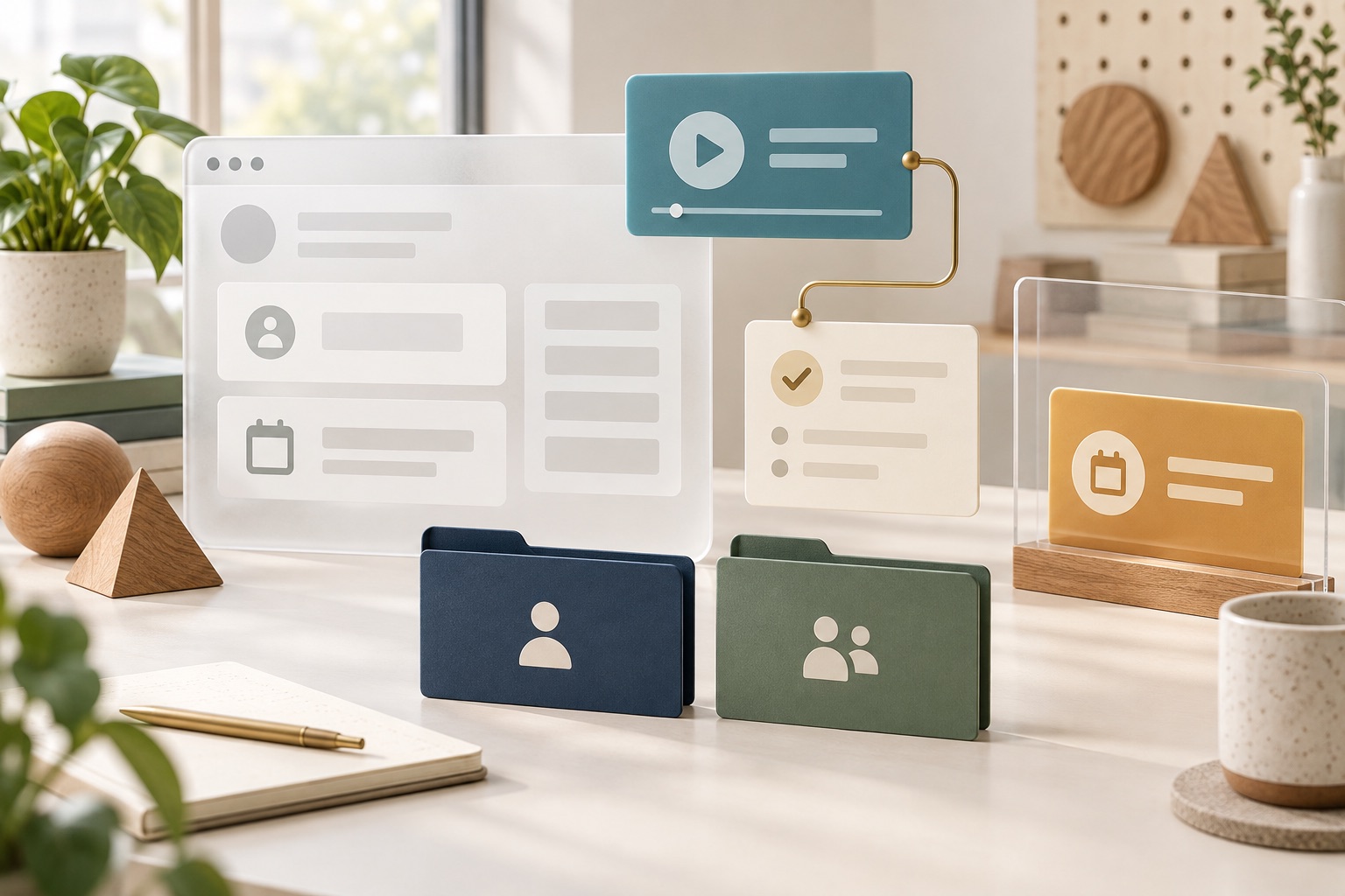 Fictional member portal and video walkthrough panels with separate role folders, practice-task card and reservation card