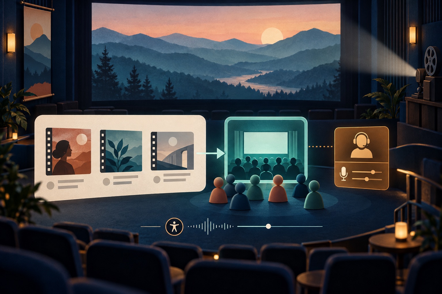 Fictional film program linked to a virtual screening room with separate audience tokens and host controls