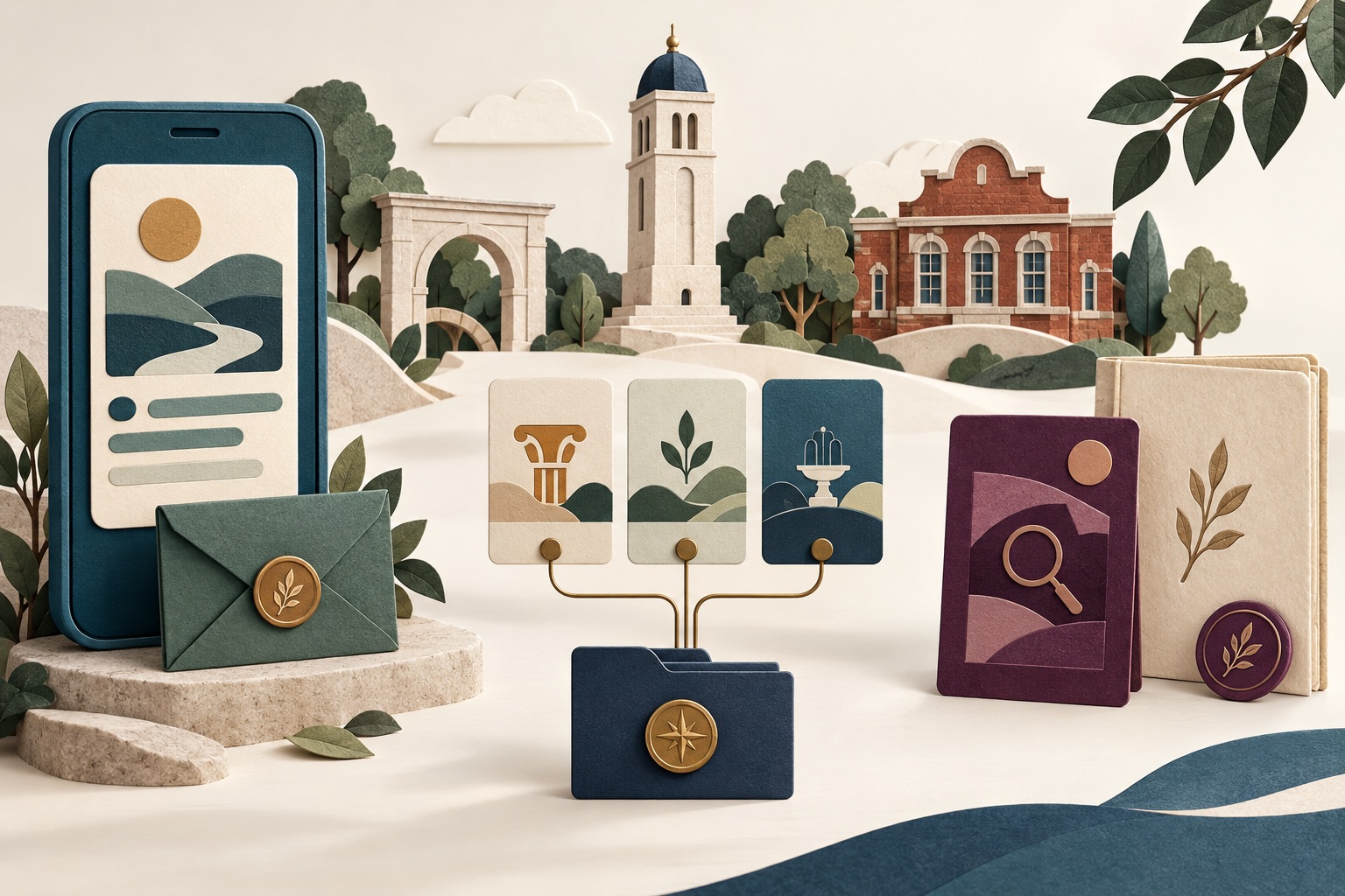 Fictional heritage story props beside a phone clue, closed hint envelope, chapter cards and separate printed editions