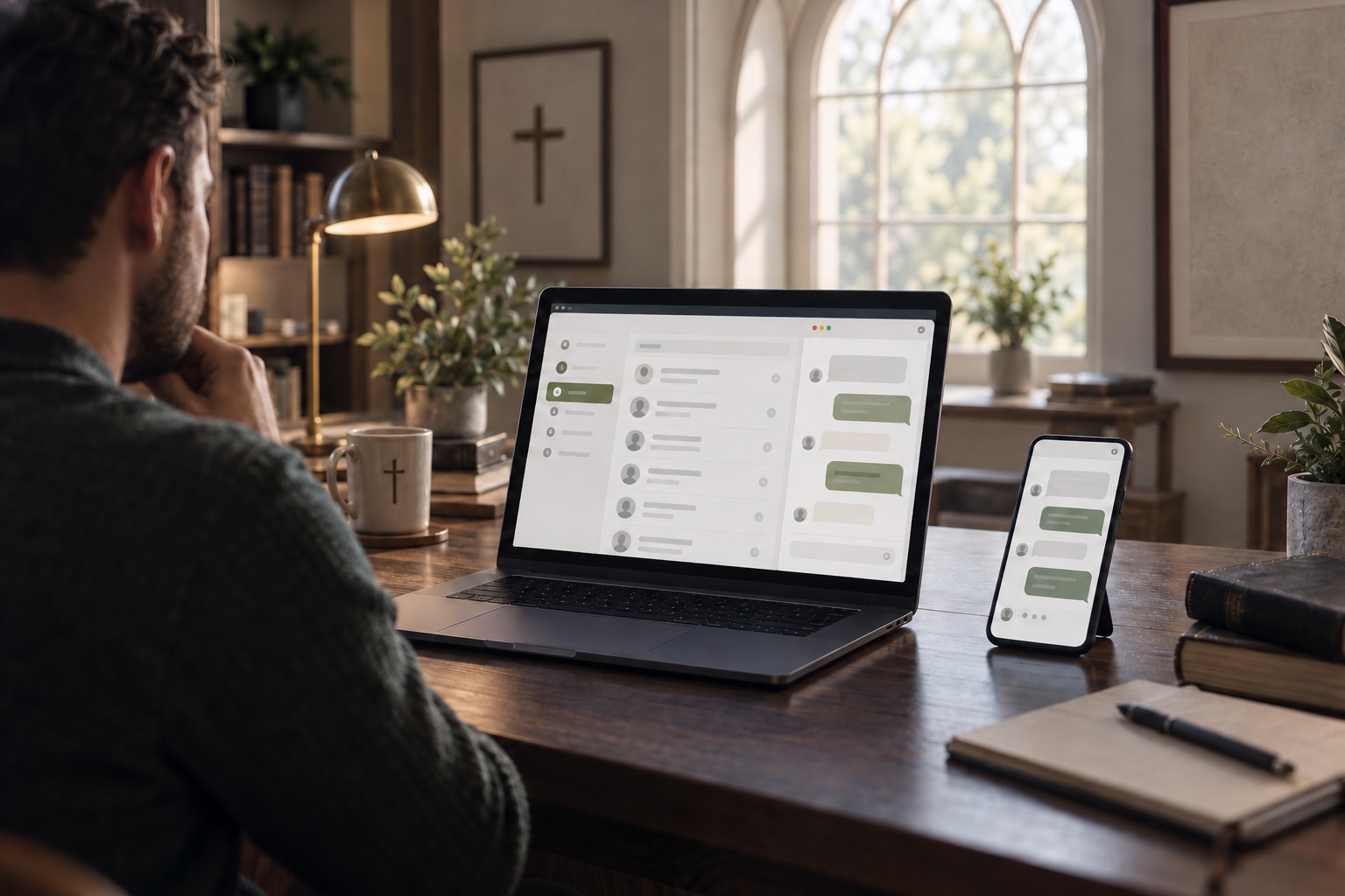 Concept of a church staff member using a people-list interface and messaging panel