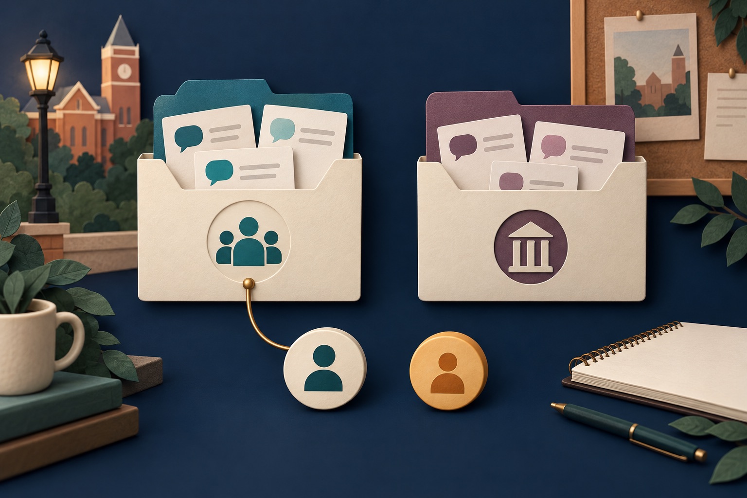 Fictional current and archived club discussion folders with separate active and pending membership tokens