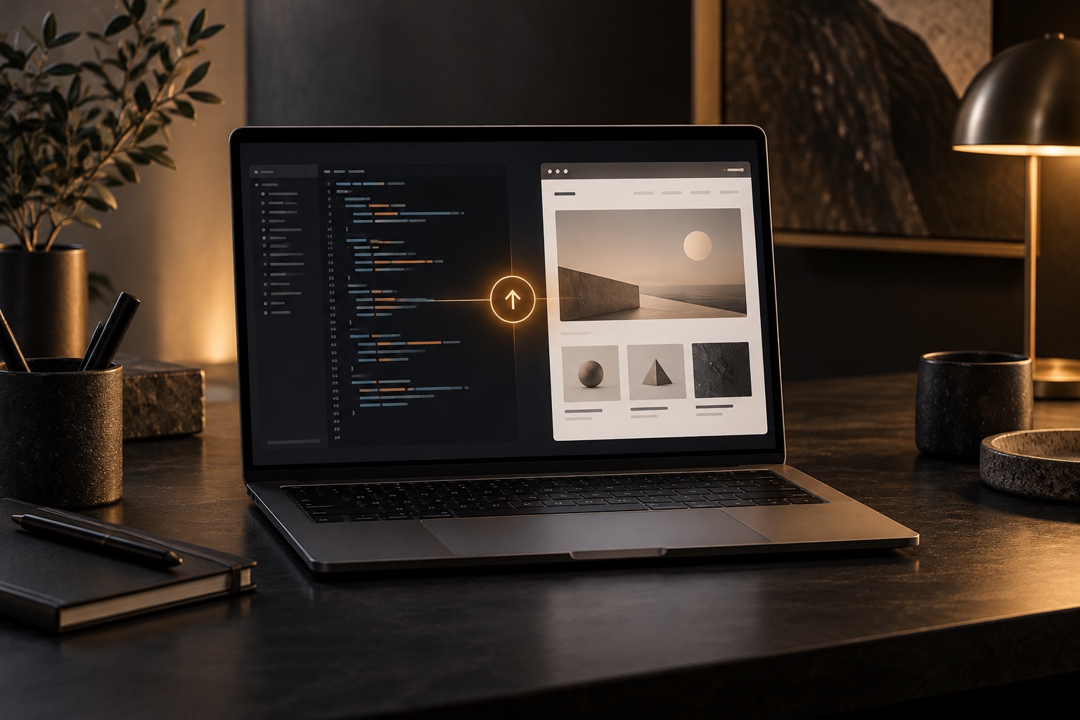 Concept of generated code becoming a published webpage on a laptop