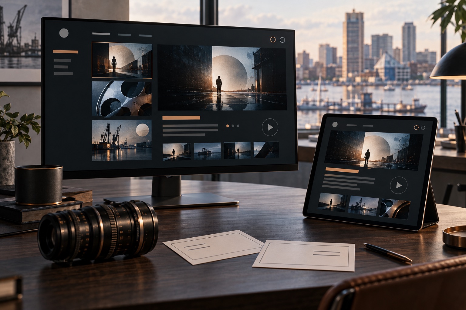 Concept of matching cinematic production detail pages in two abstract language layouts beside a cinema lens