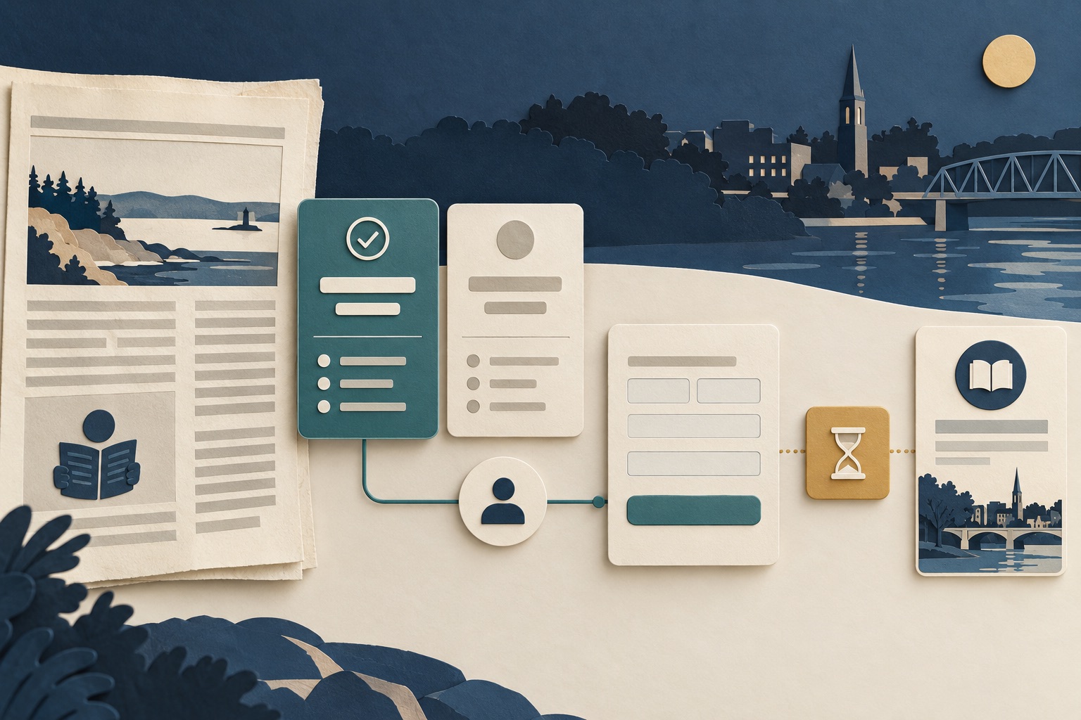 Concept newspaper and selected reader plan connected to account, pending checkout and reader access panels