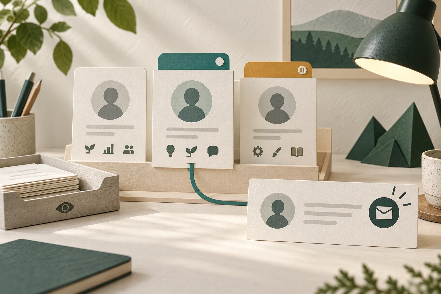 Fictional mentor profile cards with open and paused tabs connected to a contact request beside a review tray