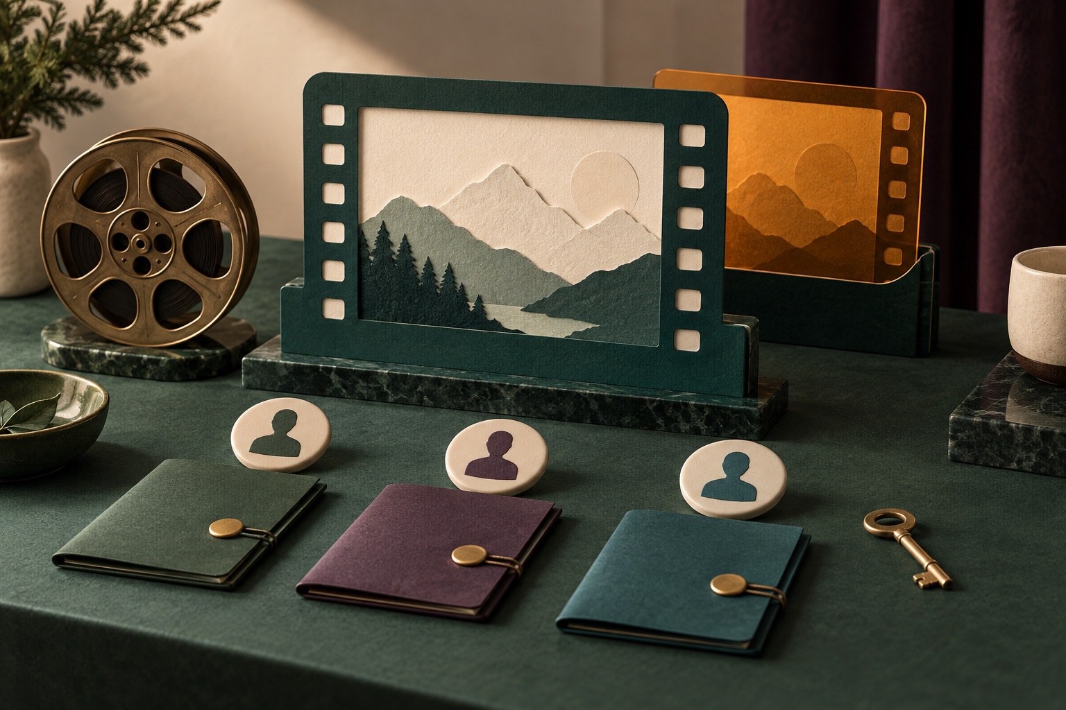 Fictional film screening frame and replacement edition beside three juror tokens with separate note folders and an access key