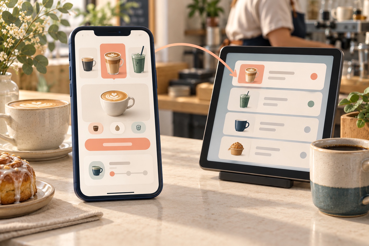 Concept of a configured coffee order moving from a customer phone to a café staff order view