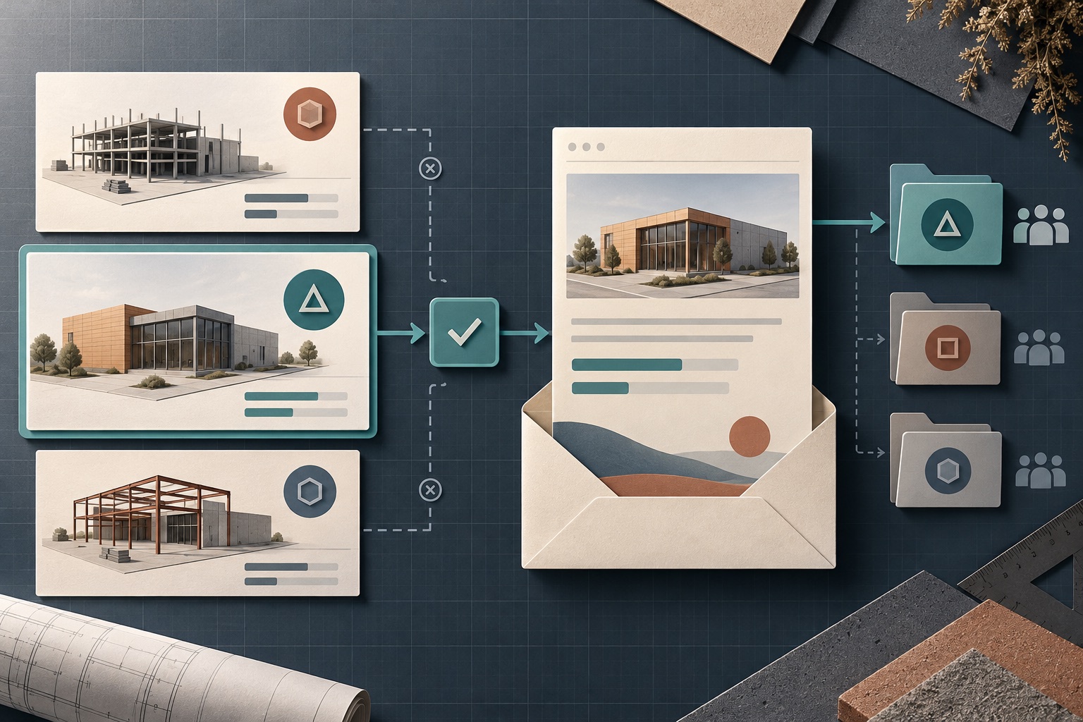 Fictional construction update cards connected through a review gate to a newsletter and matching project recipient folder