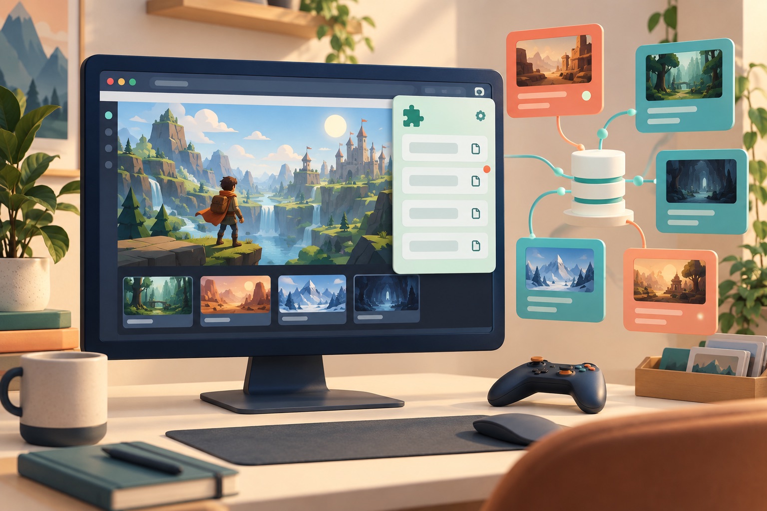Concept of a game-reference browser panel connected to shared catalogue records beside a fictional game page
