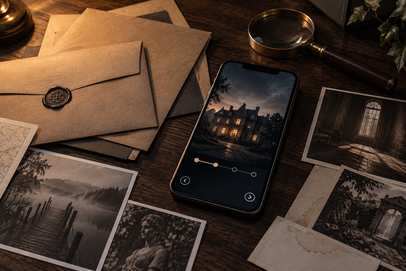 Concept of a detective-game kit paired with a chapter-based phone companion