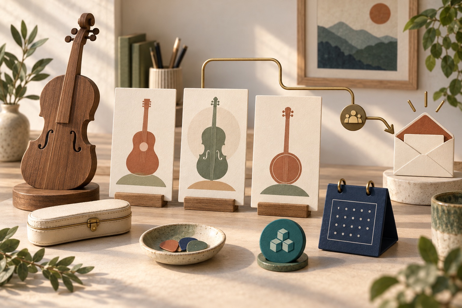 Fictional instrument model cards and wooden instrument connected to an enquiry envelope beside a separate calendar and inventory token