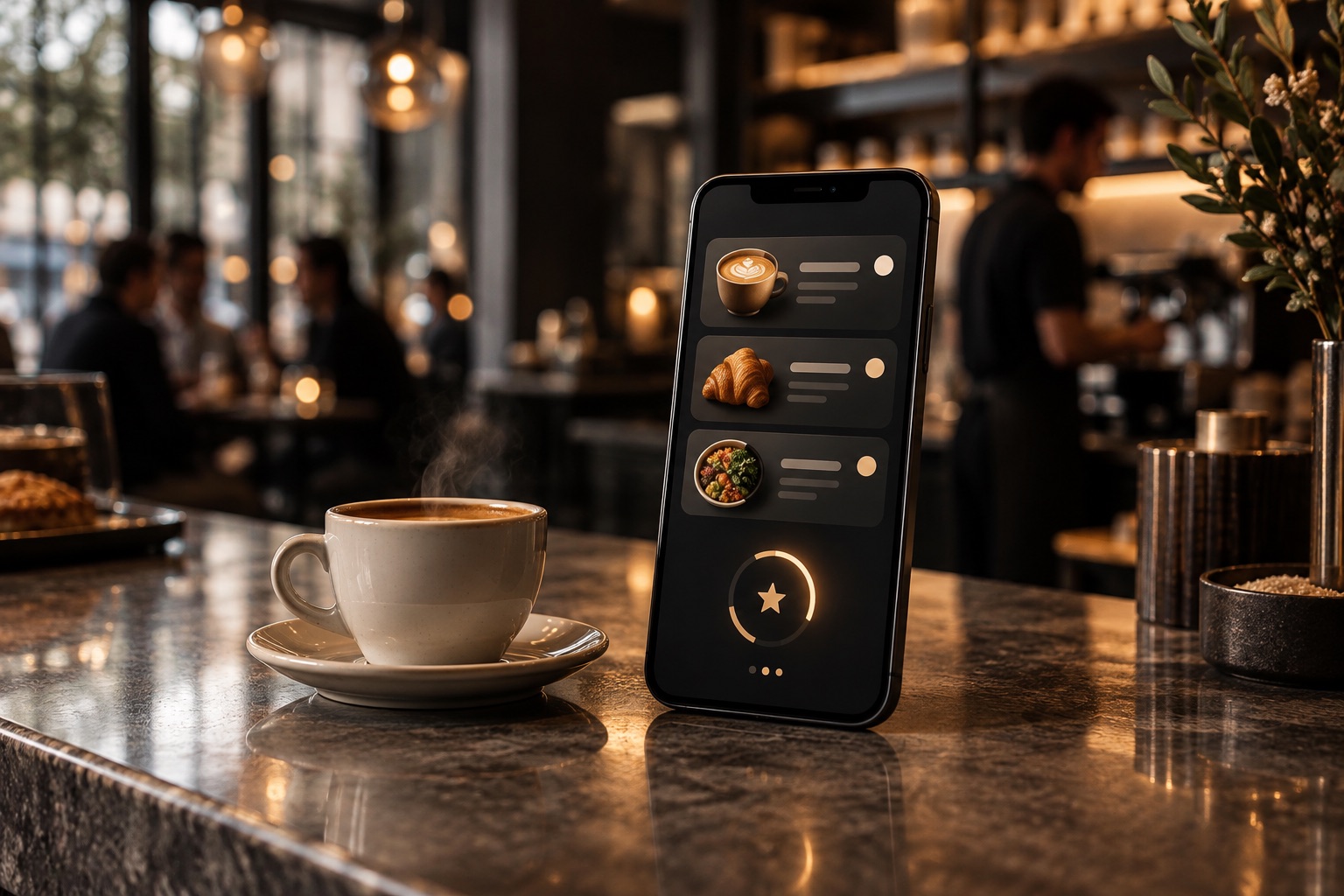 Concept of a cafe ordering app and loyalty card beside an espresso cup