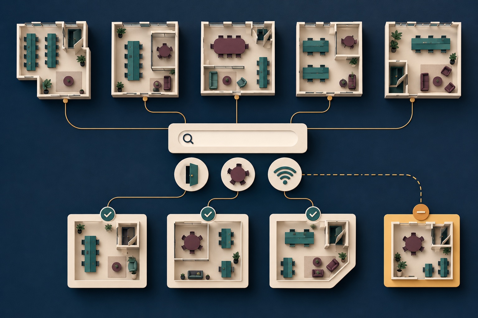 Fictional coworking floor-plan tiles linked to a search field, amenity tokens and separate workspace result cards