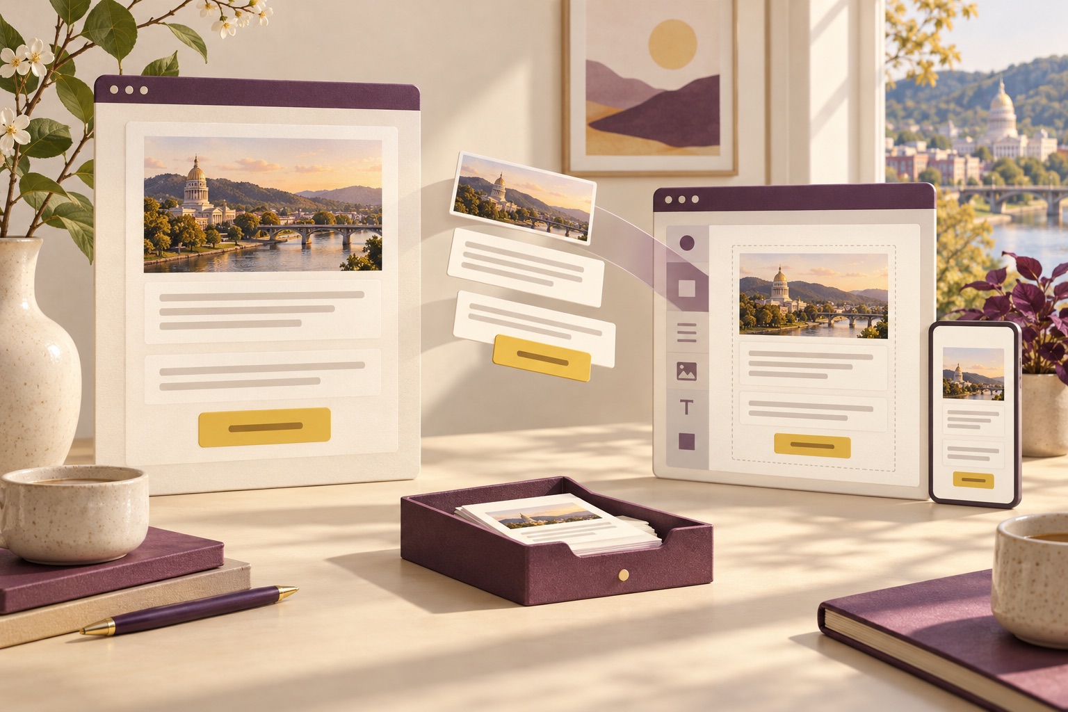 Concept of newsletter image, text and button blocks moving between a designer and host editor beside a mobile preview