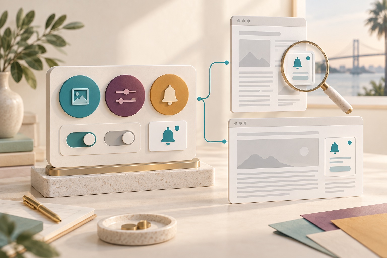 Concept dashboard style controls and announcement settings connected to matching widgets on narrow and wide publisher pages