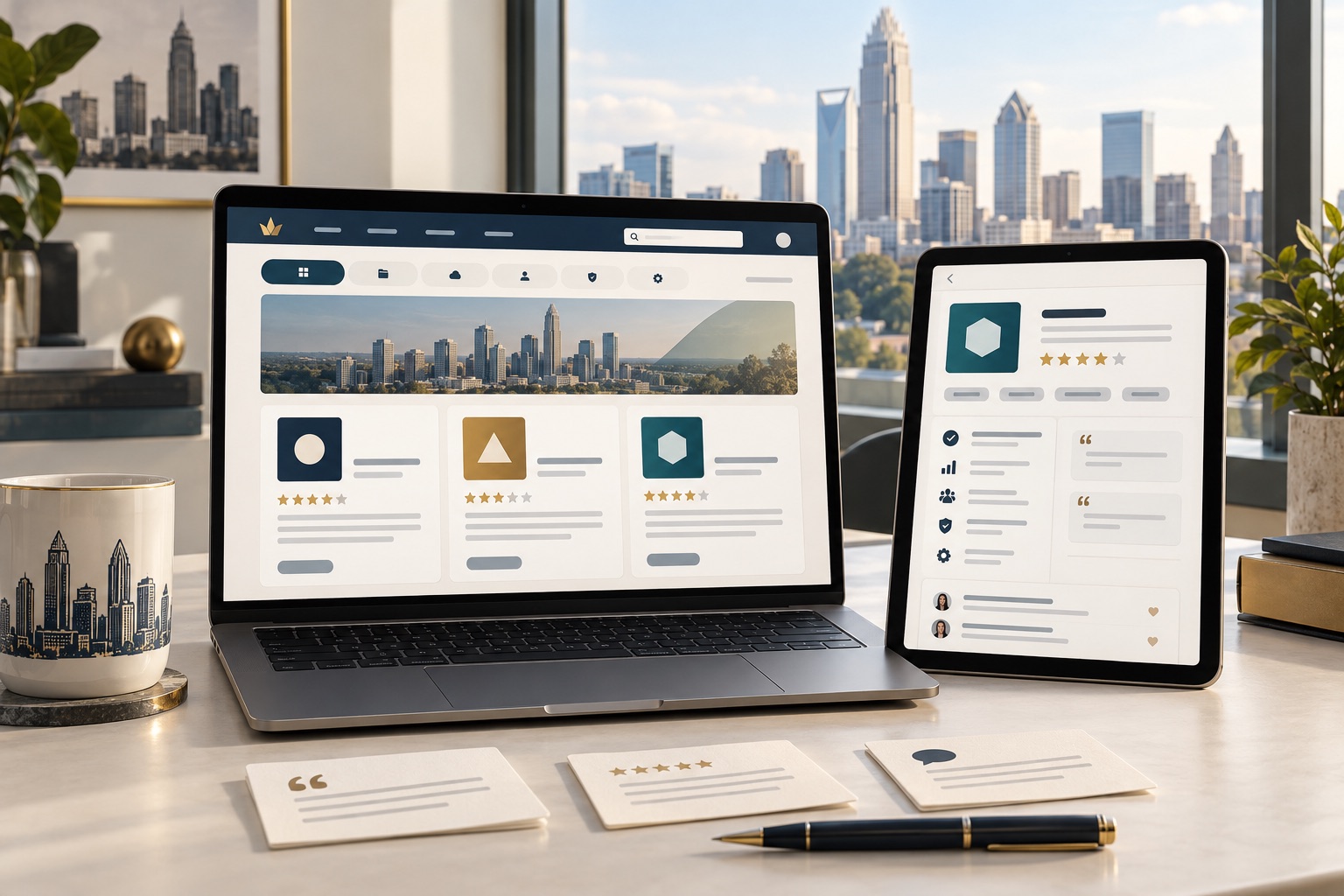Concept of a software-product directory and a detailed review page with reviewer context and personal activity