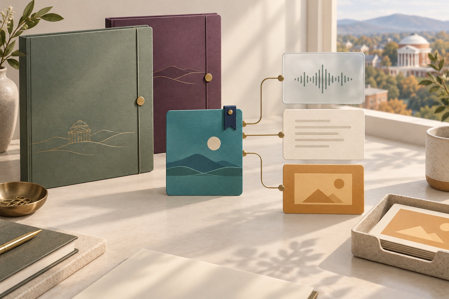 Fictional conference-edition folders beside a bookmarked session card connected to separate audio, transcript and slide resources