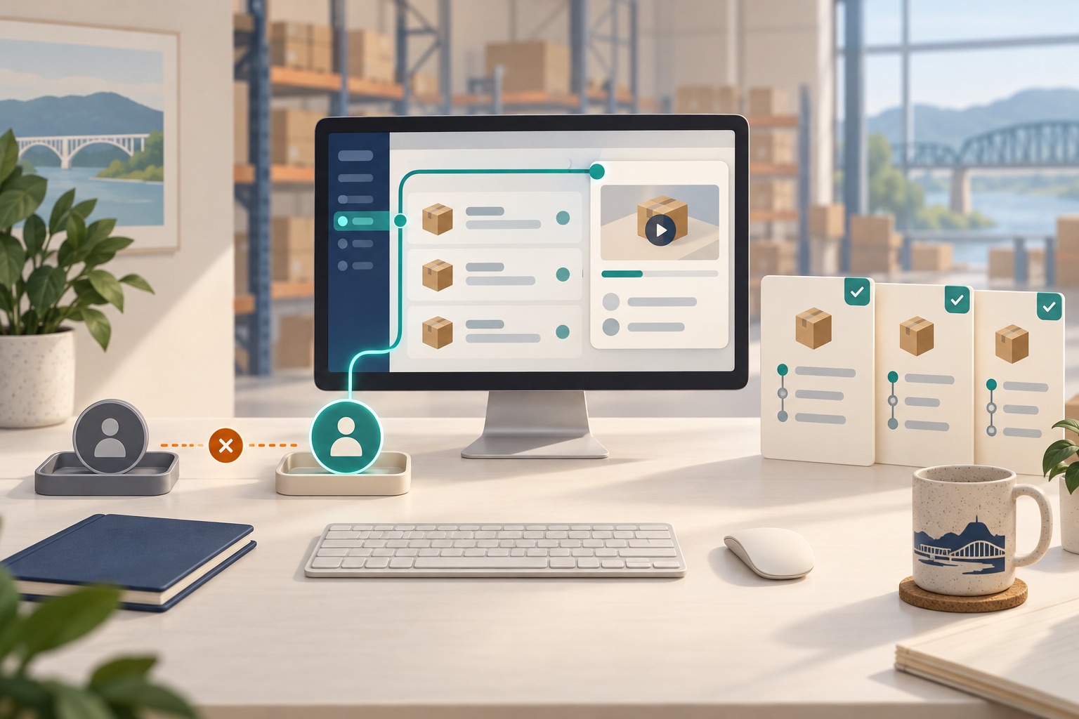 Fictional warehouse browser page and video panel linked to an active staff token beside a disconnected prior token