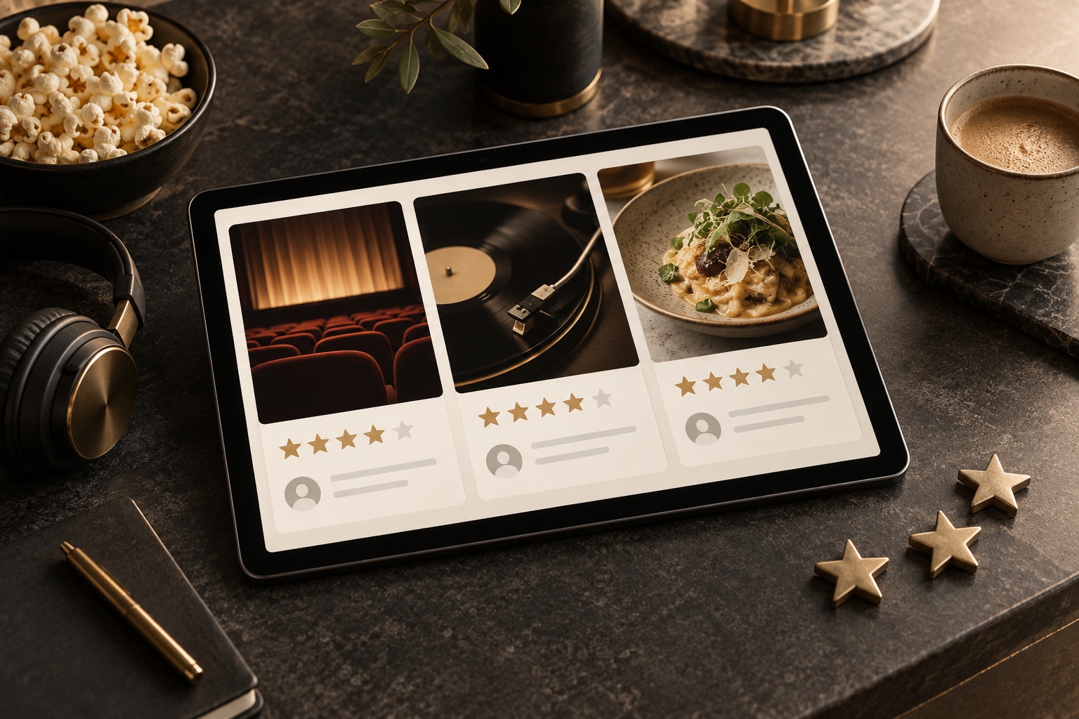 Concept of a tablet with film, music and food rating cards beside star-shaped tokens