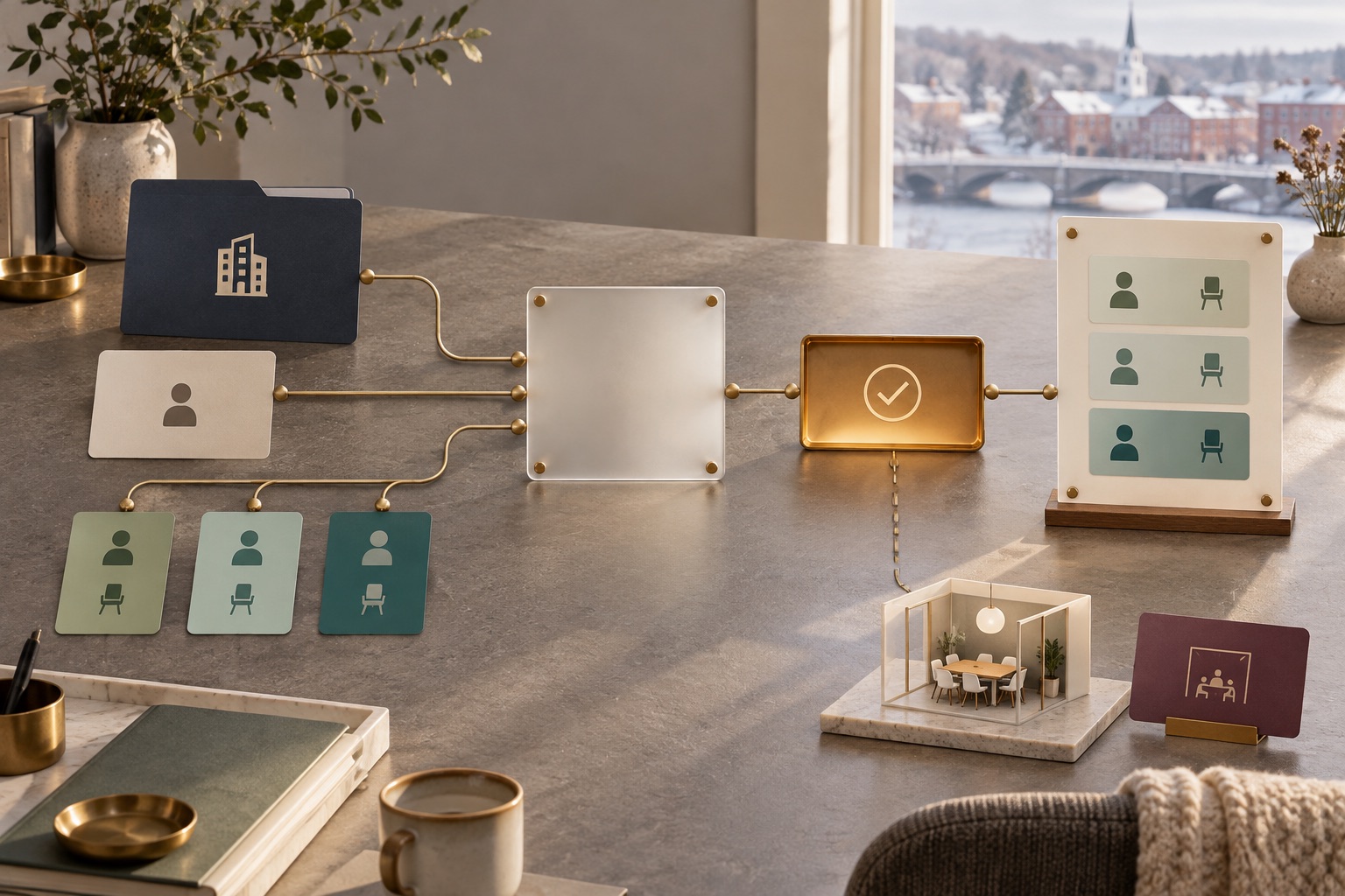 Fictional company folder, payer card and member-seat cards connected to checkout and assignment panels beside a separate meeting-room model