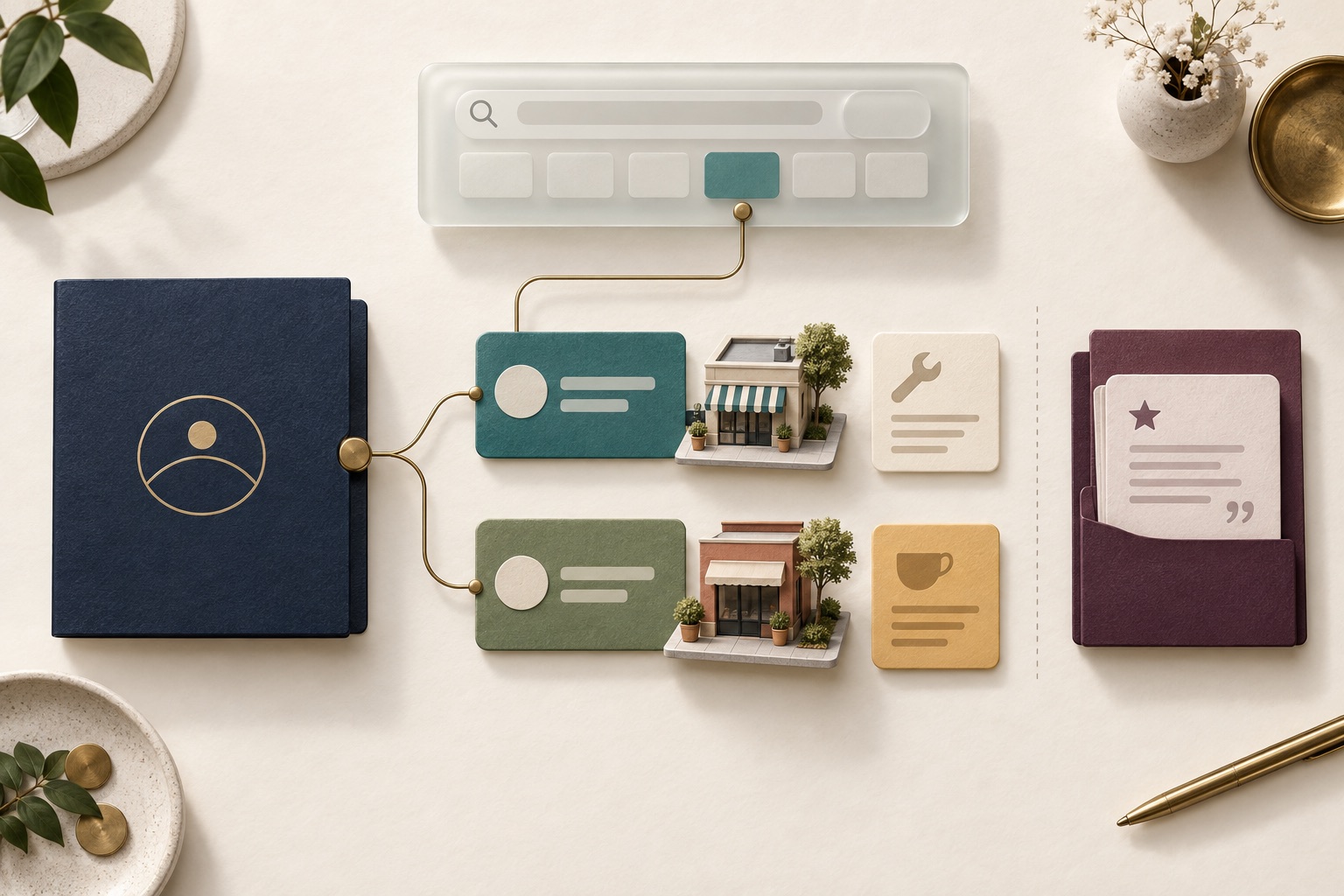 Fictional company folder linked to separate branch cards and storefront models beside a search panel and review sleeve