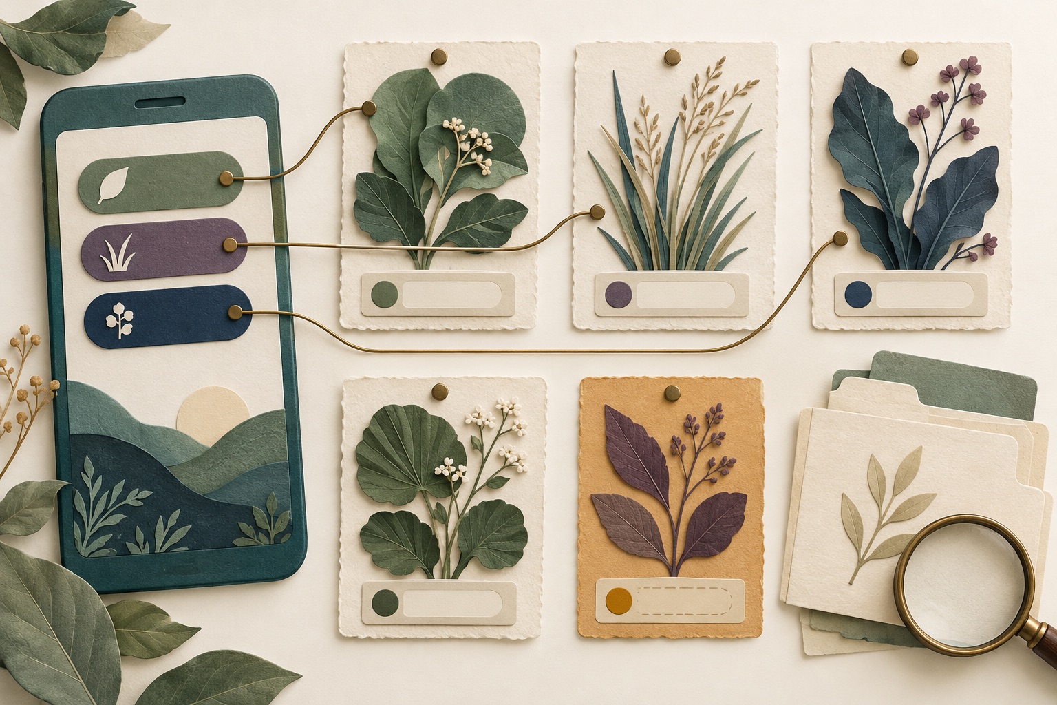 Fictional plant specimen cards connected to mobile catalogue filter chips with a separate incomplete-record card