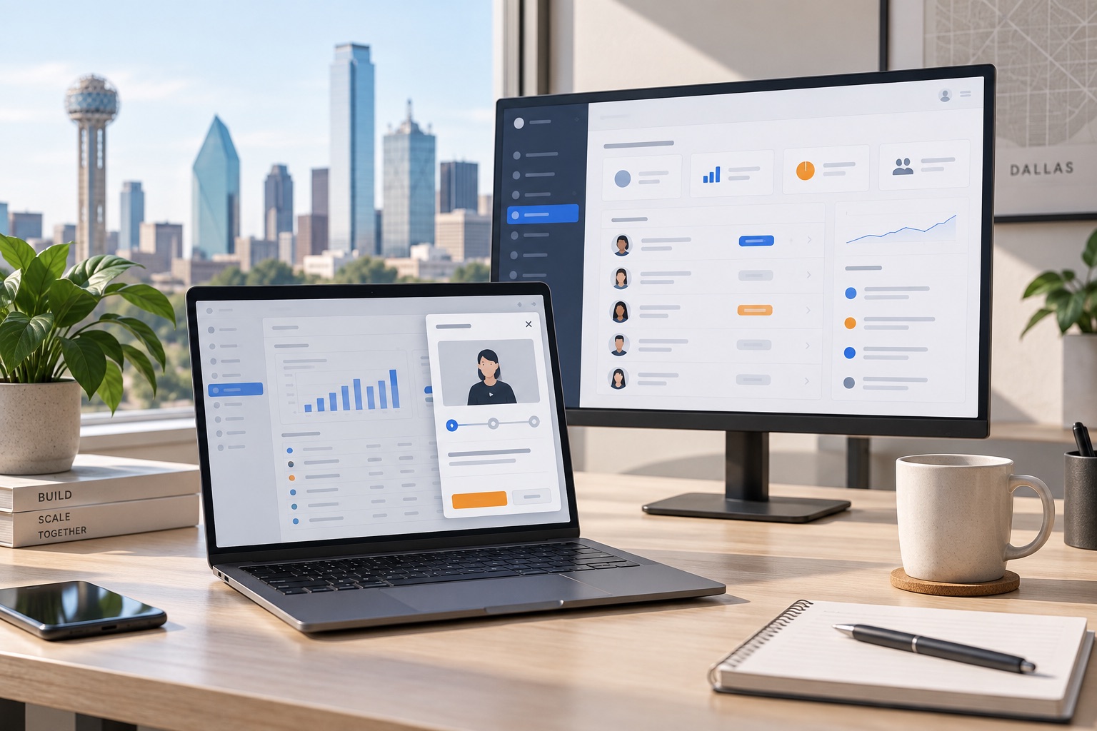 Concept of a browser walkthrough panel beside a SaaS workspace and administration dashboard