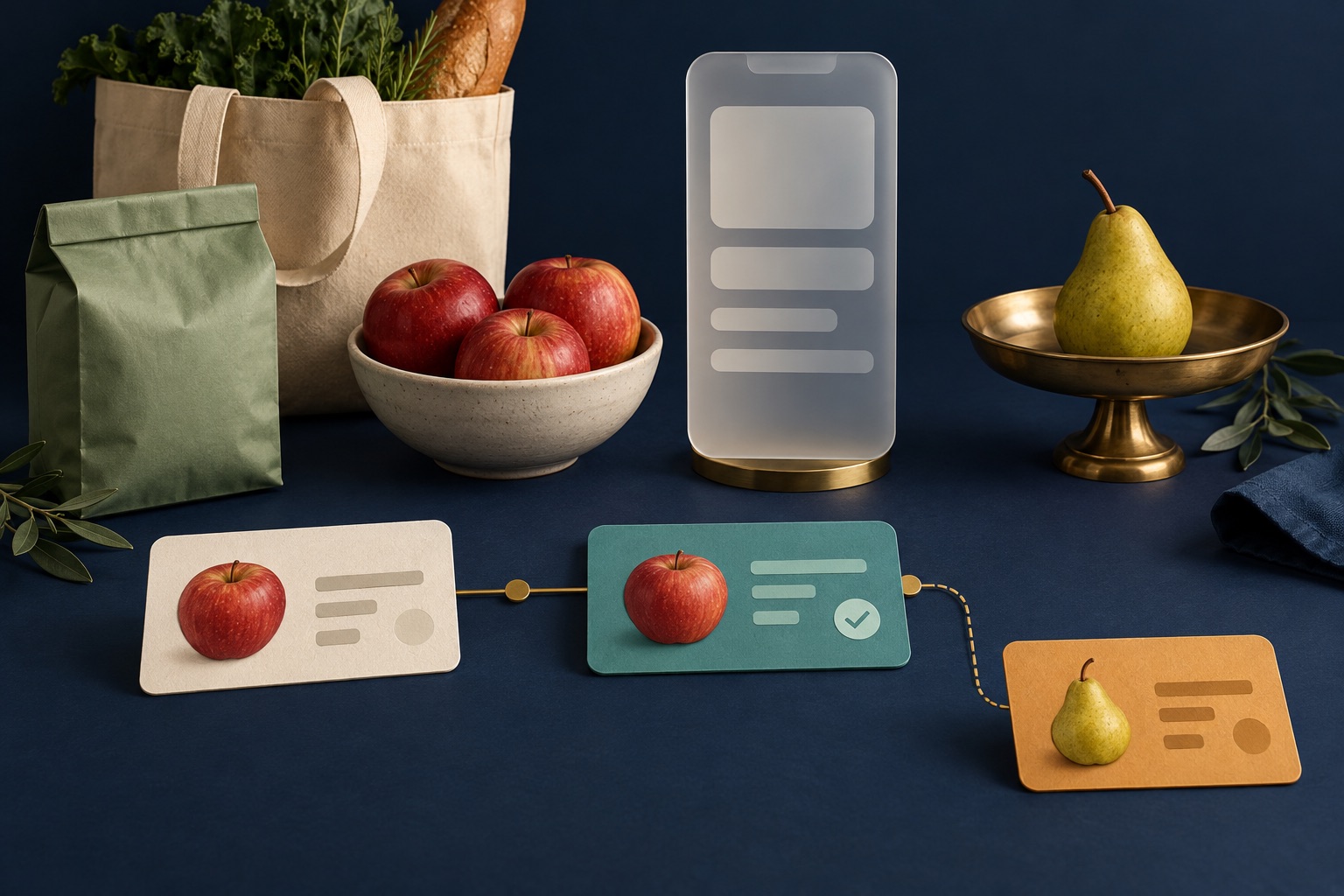 Fictional grocer ordering cards beside a blank phone panel, packaged goods, apples and a pear on a brass tray