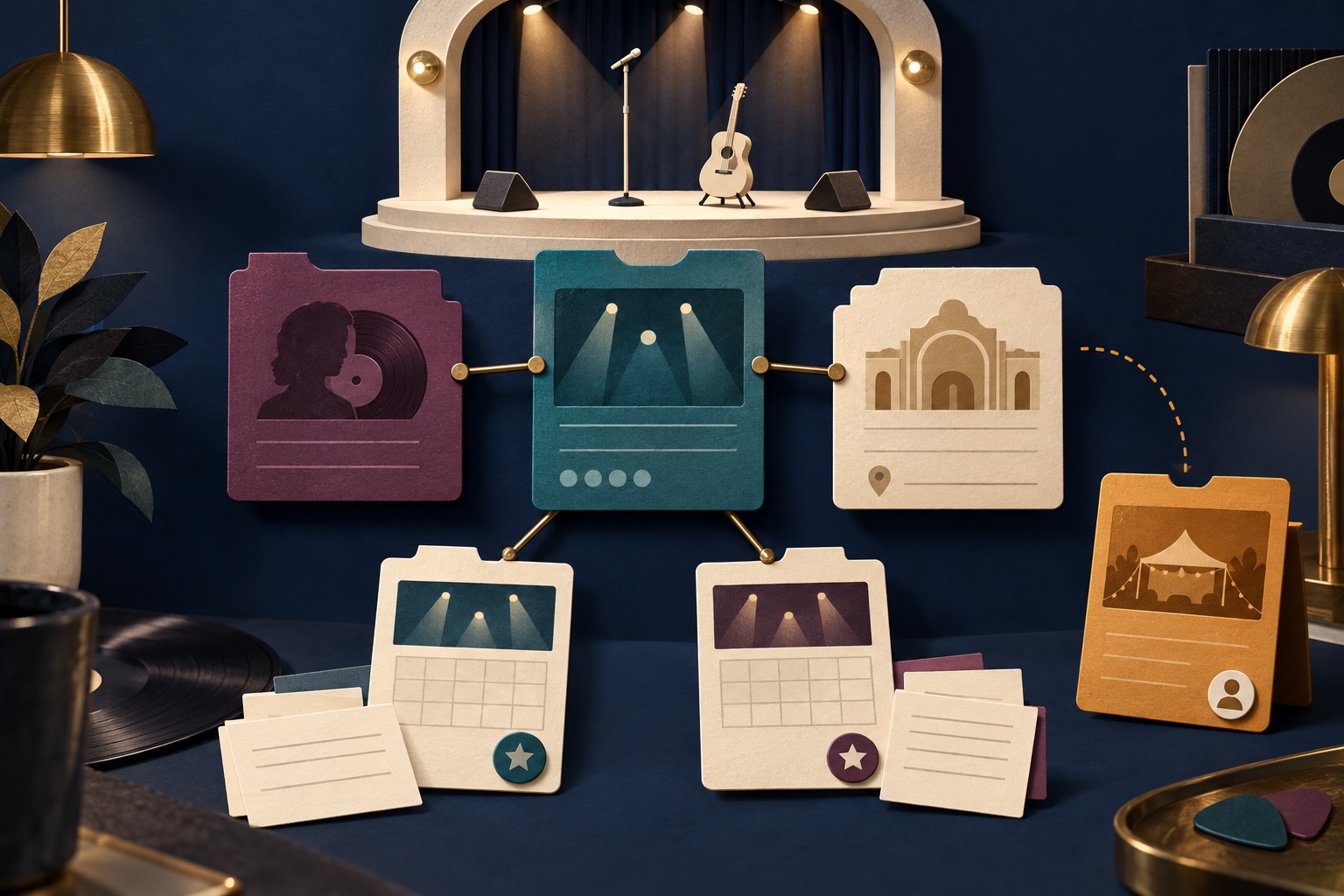 Fictional performance record linked to separate artist and venue folders and two event editions with their own review cards