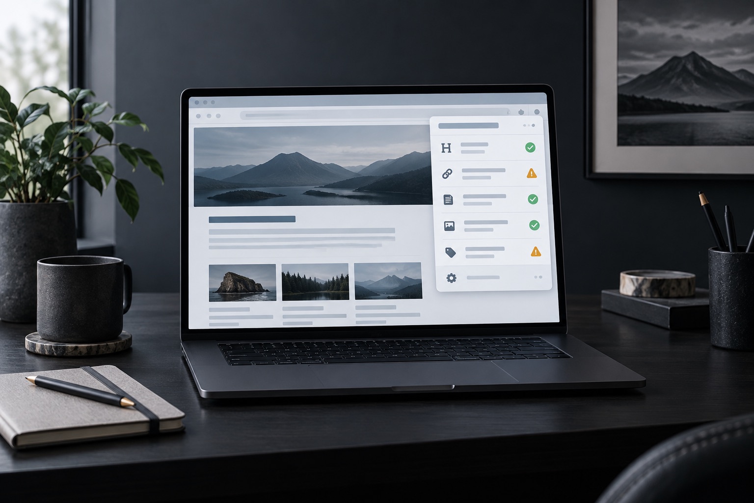 Concept of an SEO browser panel organizing page diagnostics beside a generic website