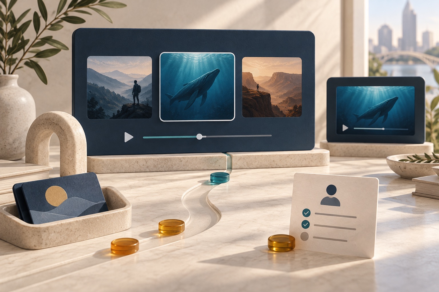 Concept of documentary players beside membership cards and separate viewer-access paths