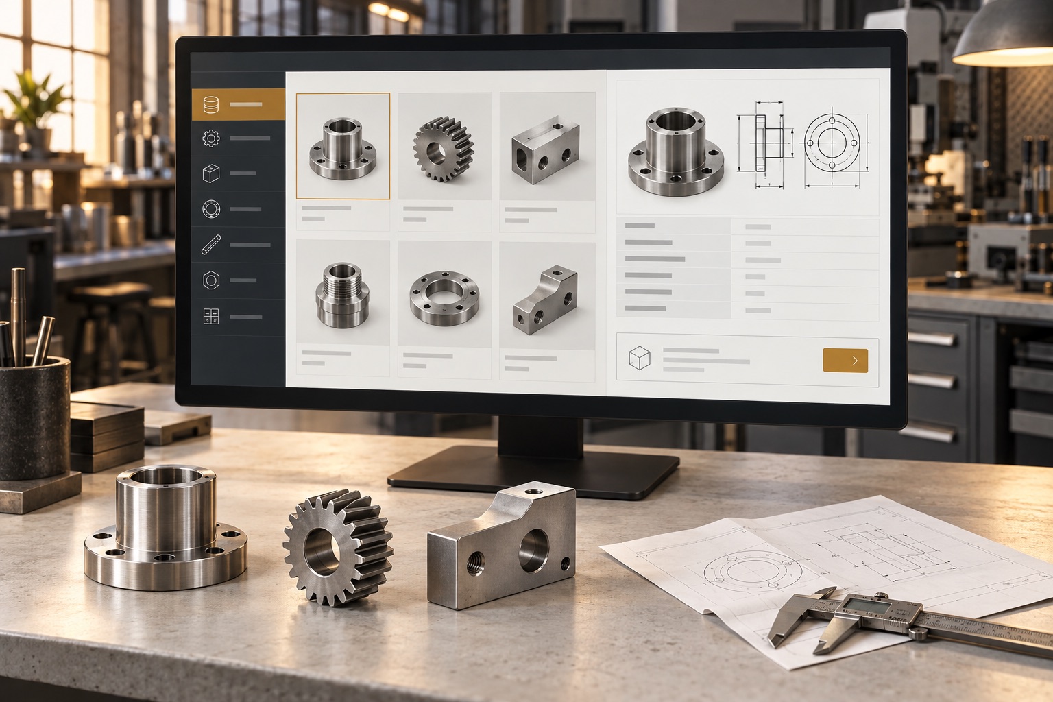 Concept of an industrial product catalogue with component specifications beside machined samples and a technical drawing