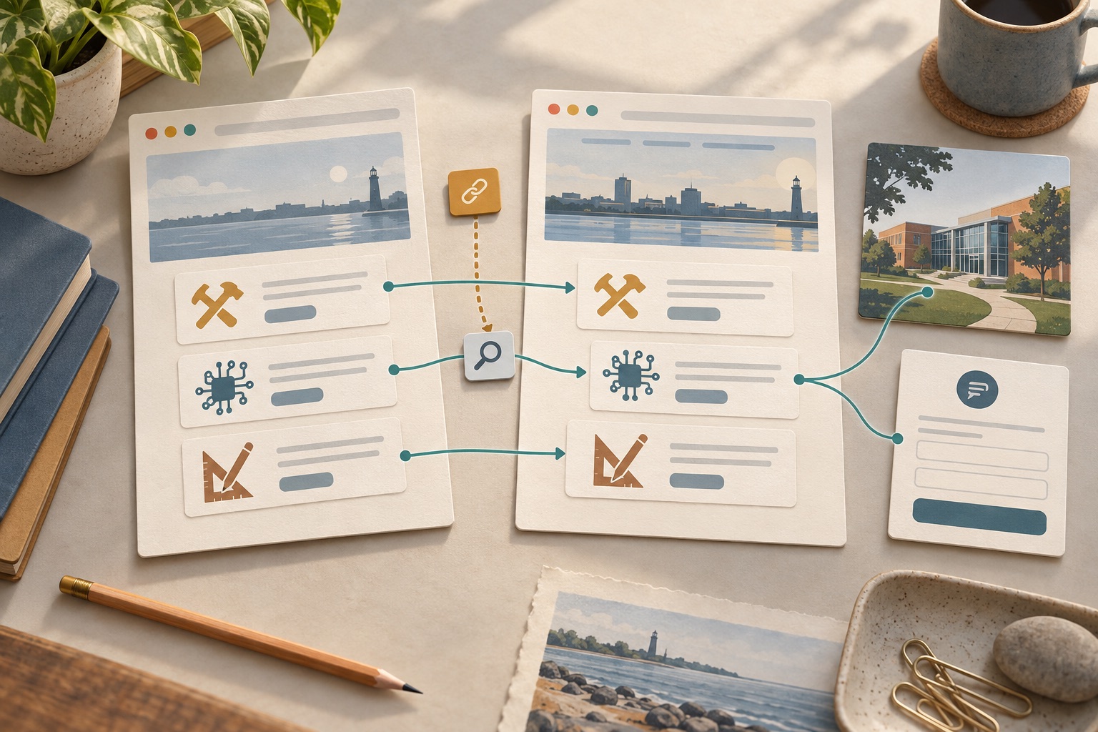 Fictional program cards carried between website layouts with a matching campus reference, inquiry form and old-link path