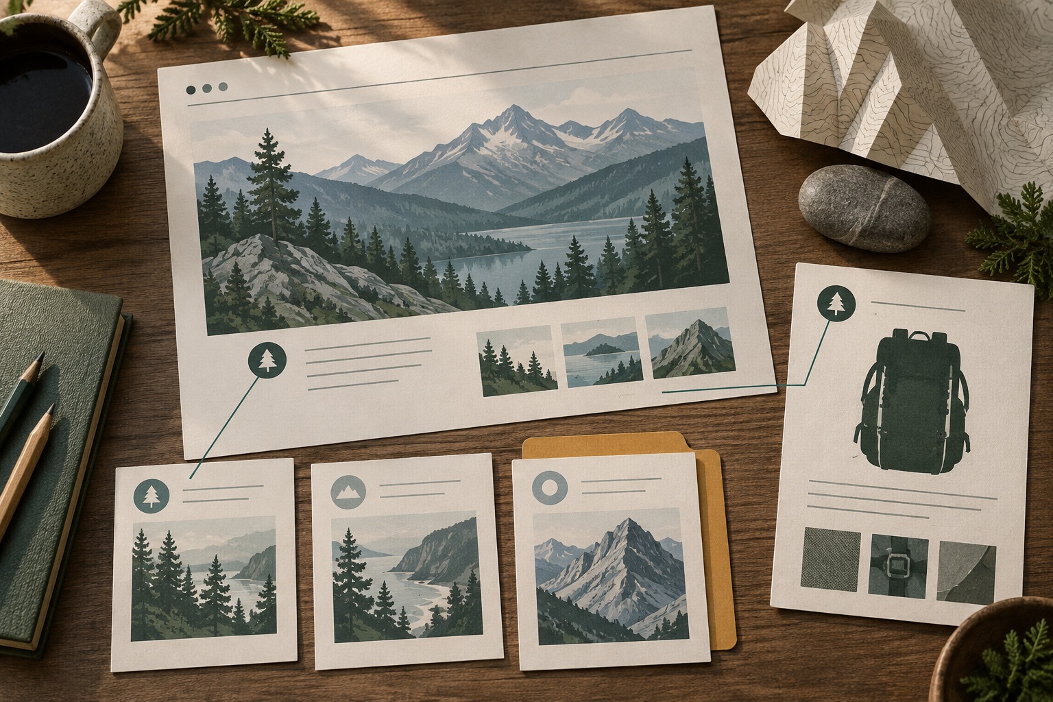 Fictional outdoor field-story layouts linked to an unbranded backpack reference card on an editorial desk