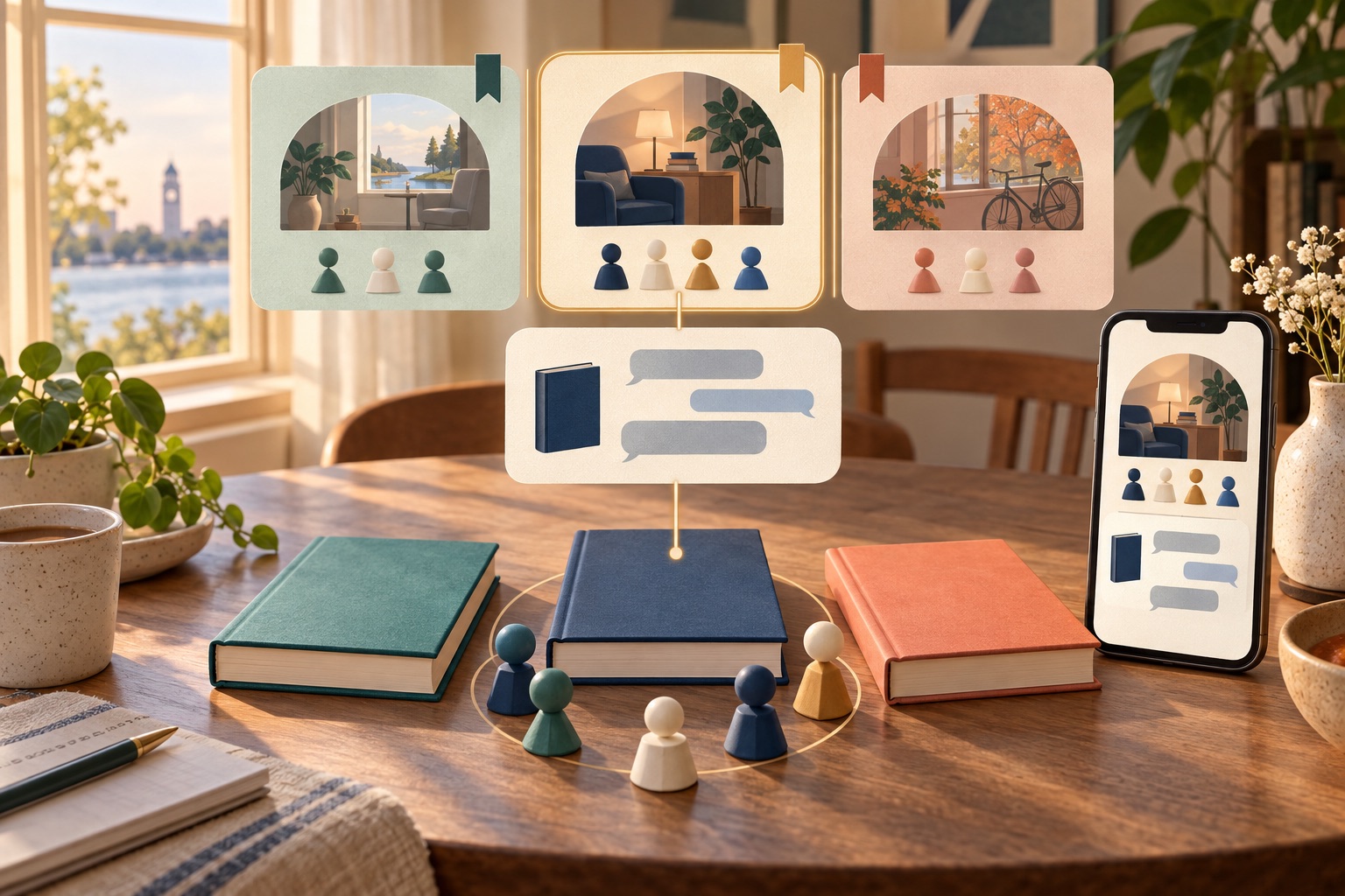 Fictional books connected to separate discussion rooms and matching web and phone conversation panels