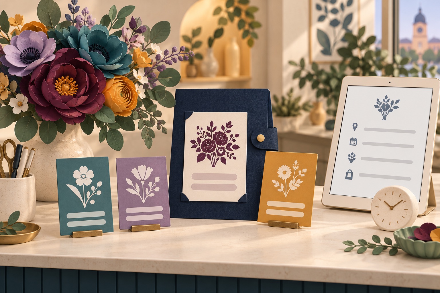 Fictional bouquet options and a separate substitution card beside an order folder and pickup-request summary