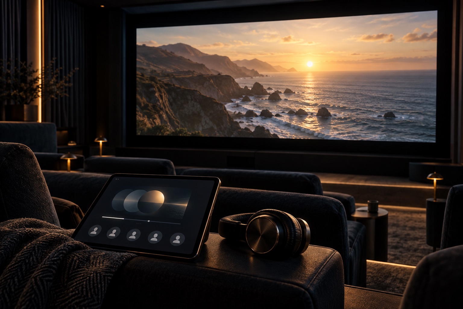 Concept of a documentary screening room with a tablet for playback and participants