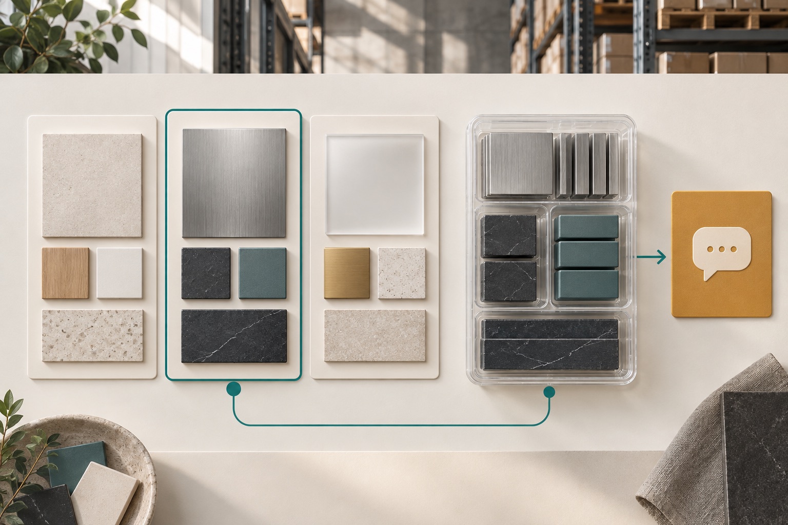 Concept of product-family samples, a selected variant and grouped pack units connected to a sales enquiry card