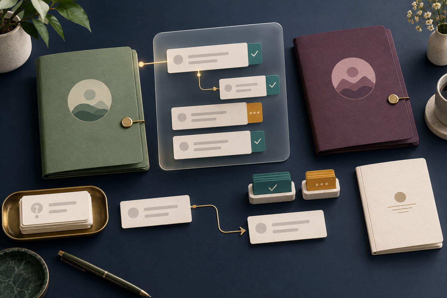 Fictional workshop-session folders and a live question panel with separate answered tabs, queued cards and linked follow-up cards
