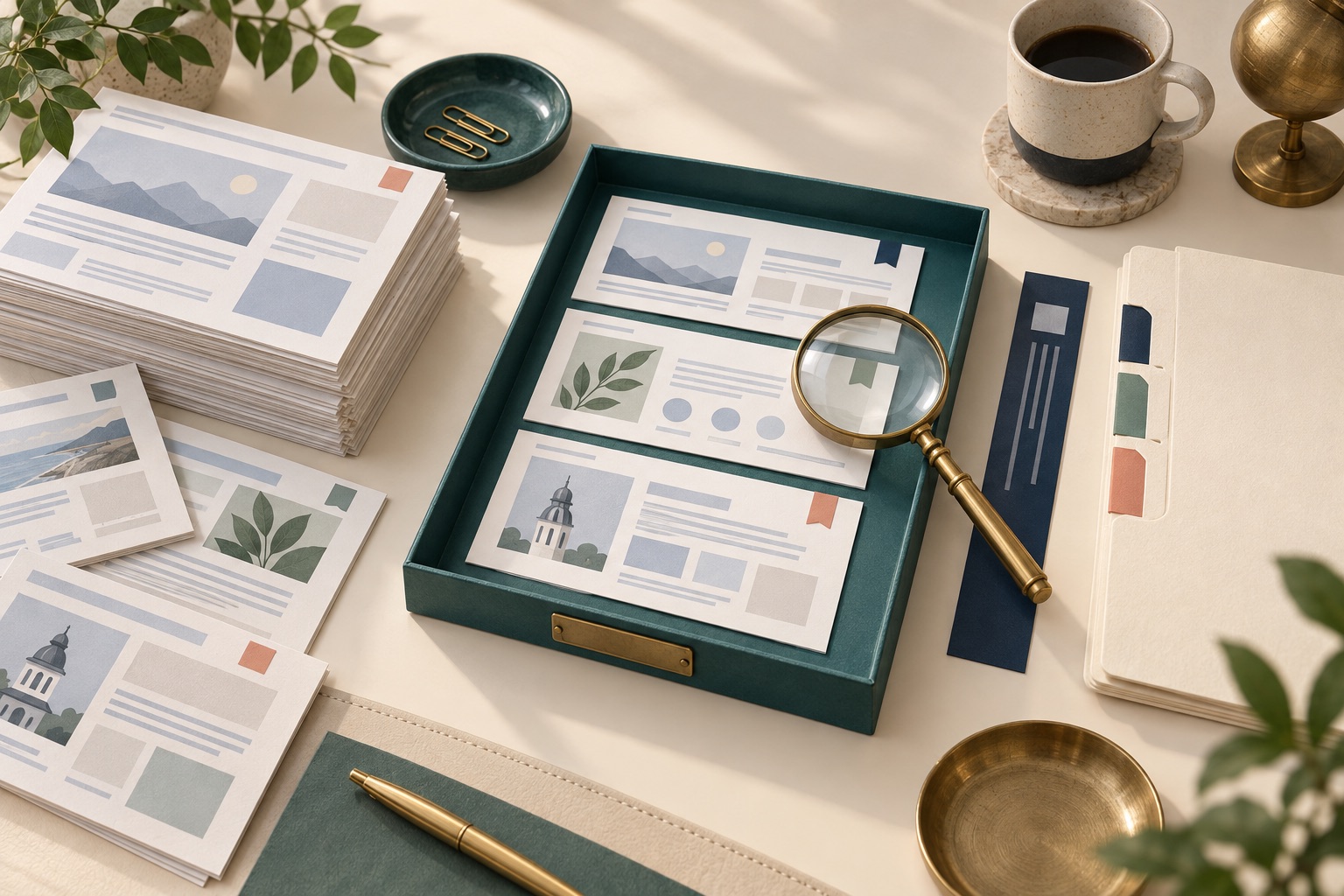 Fictional selected website-page cards under a magnifier beside uninspected cards, a separate header strip and a findings folder